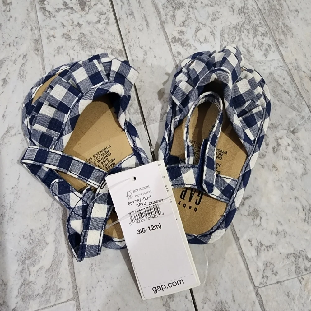Baby Gap Gingham Navy Blue & White Checkered Kids Sandals Size 3 (6-12 Mo) NWT